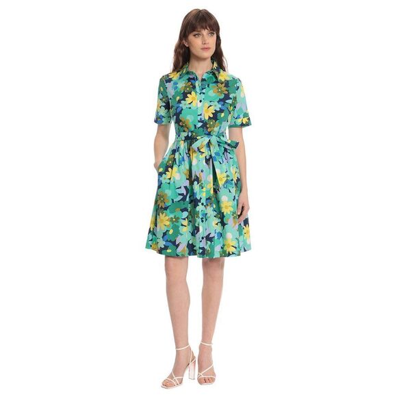 Donna Morgan Women's Floral Printed Collar Neck Dress With Front Placket And Sh